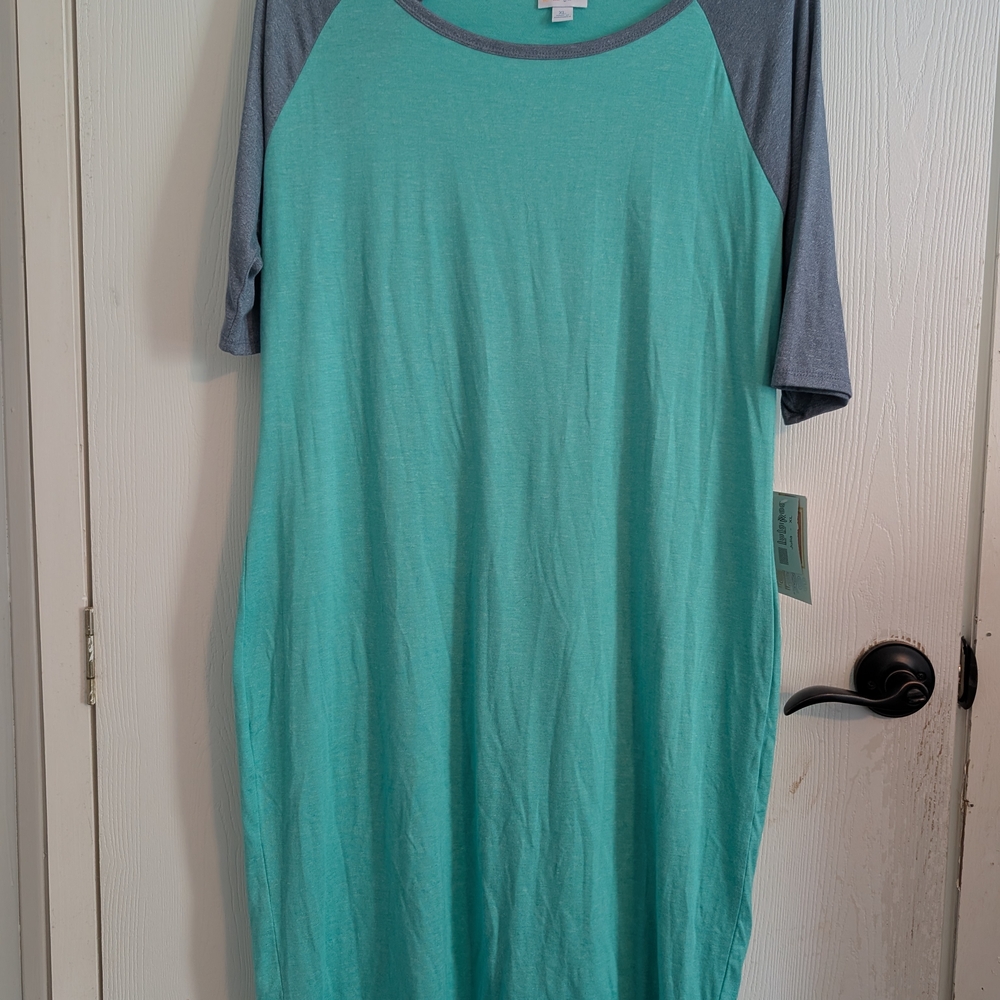 LuLaRoe Julia Teal and Gray Midi Dress